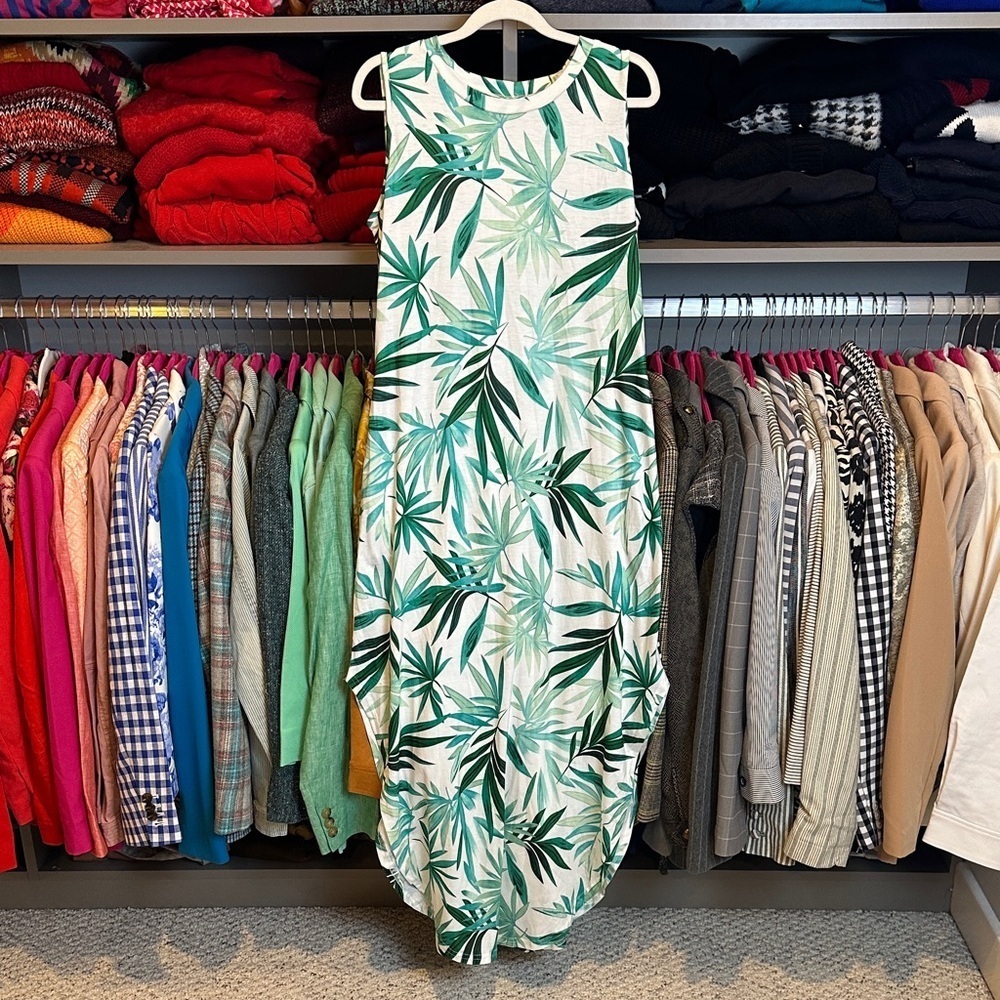 Arabess white/green leaf print sleeveless curved hem maxi dress size S NWT